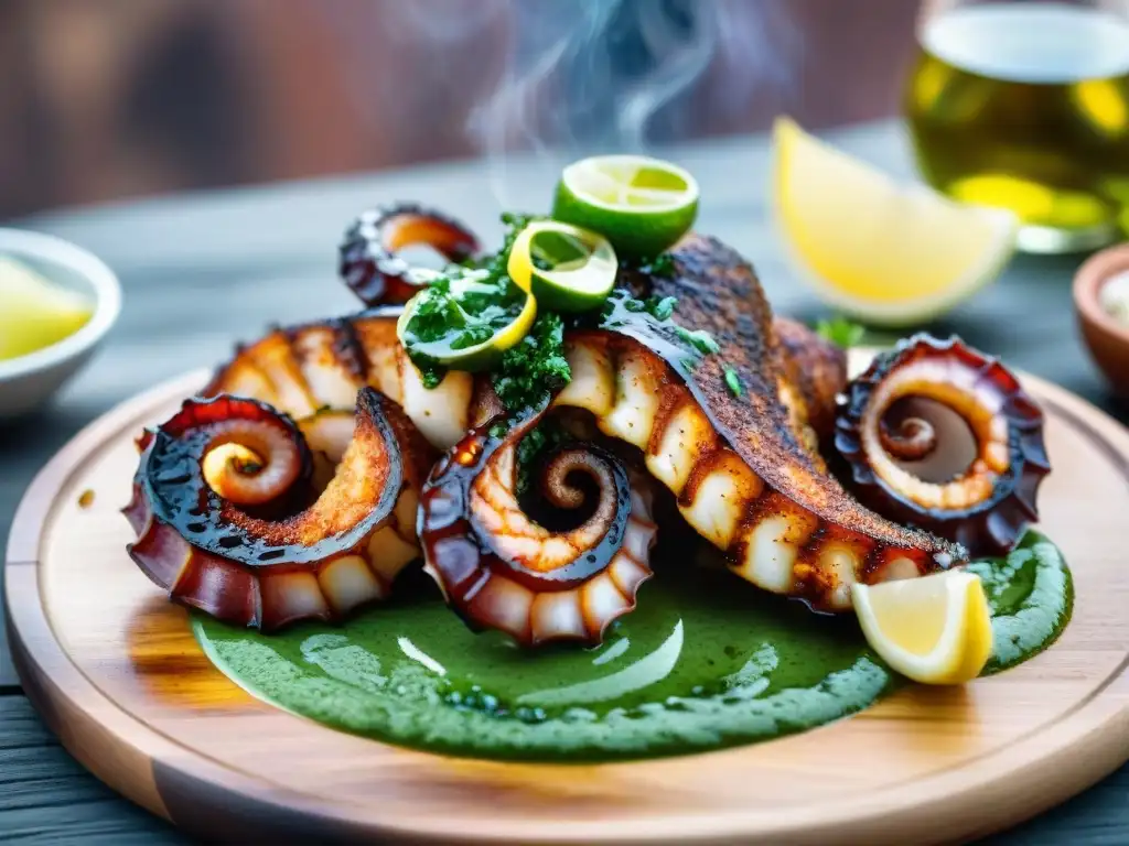 Deliciosa receta pulpo parrilla estilo uruguayo: tentáculo de pulpo a la parrilla sobre chimichurri verde con limón asado y pimentón ahumado