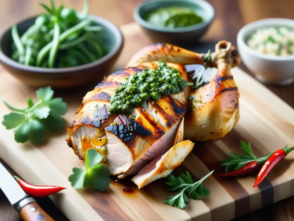 Deliciosa receta de pollo asado con chimichurri uruguayo, rodeado de hierbas frescas y ajos