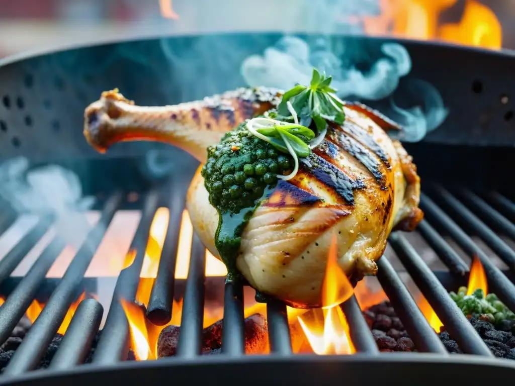 Deliciosa receta de pollo asado con chimichurri, en una parrilla humeante