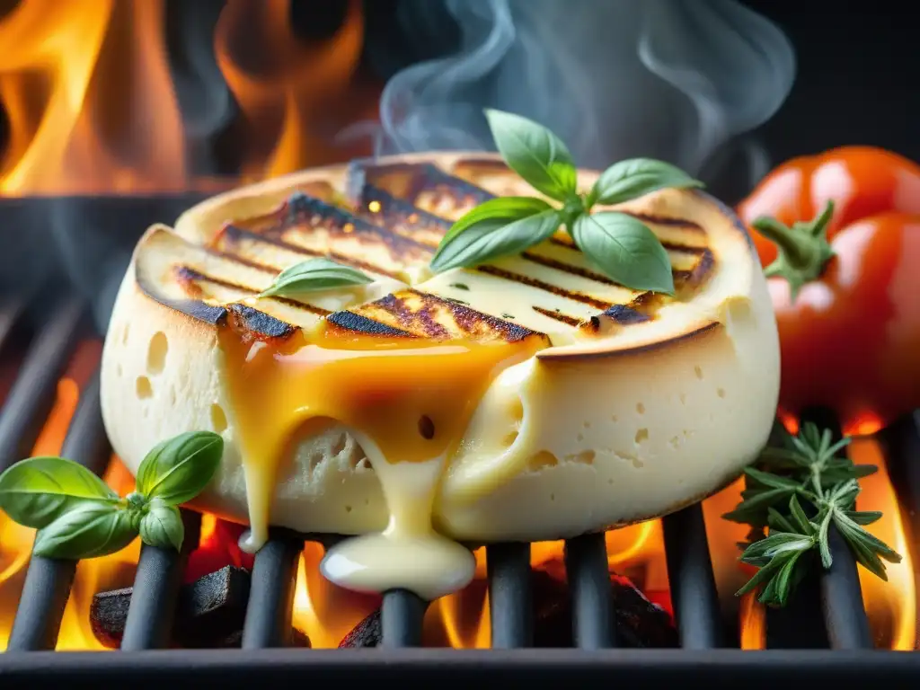 Deliciosa receta provoleta a la parrilla asándose con hierbas, tomate y ají