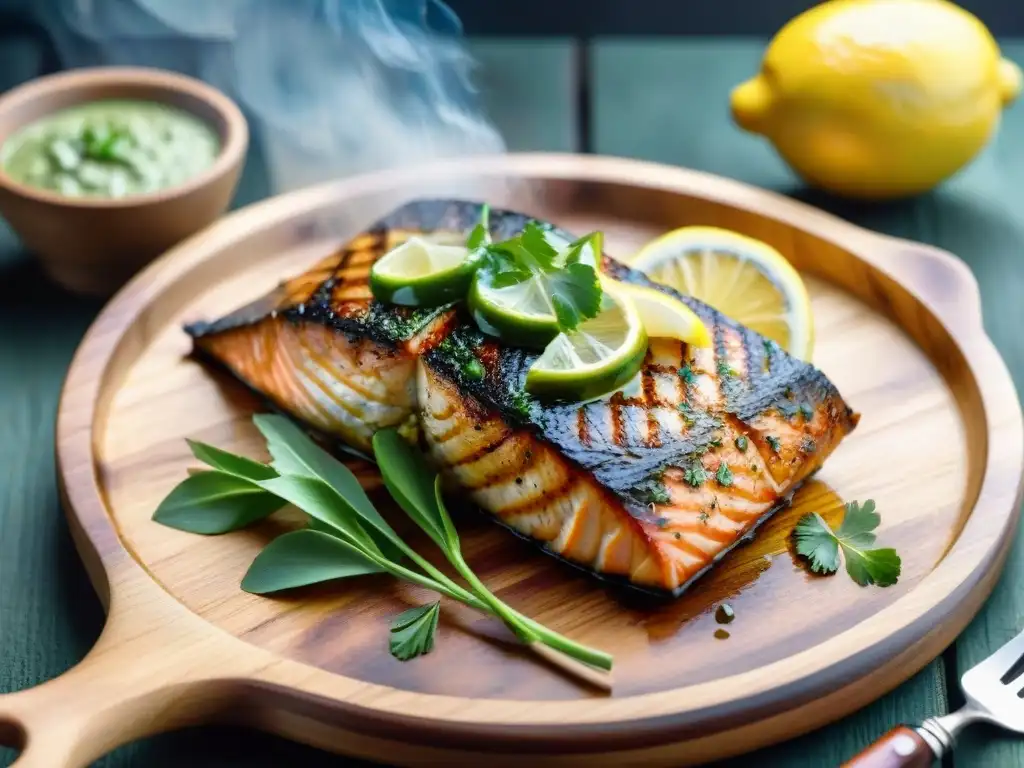 Deliciosa receta de salmonetes a parrilla con salsa verde y hierbas frescas en plato rústico