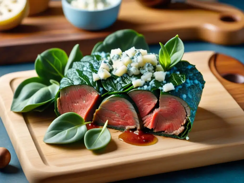 Deliciosa receta vacío relleno espinacas: carne jugosa y relleno cremoso, rodeados de ingredientes frescos en tabla de madera