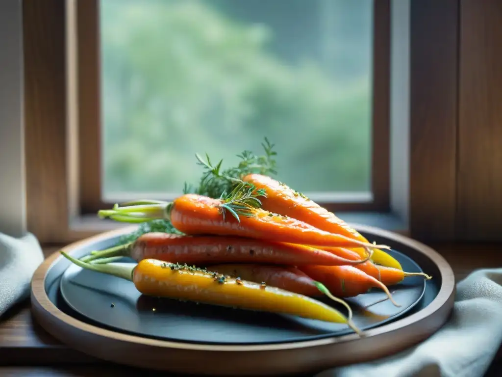 Deliciosa receta de zanahorias asadas con miel, bañadas en salsa mostaza, adornadas con tomillo fresco y pimienta negra