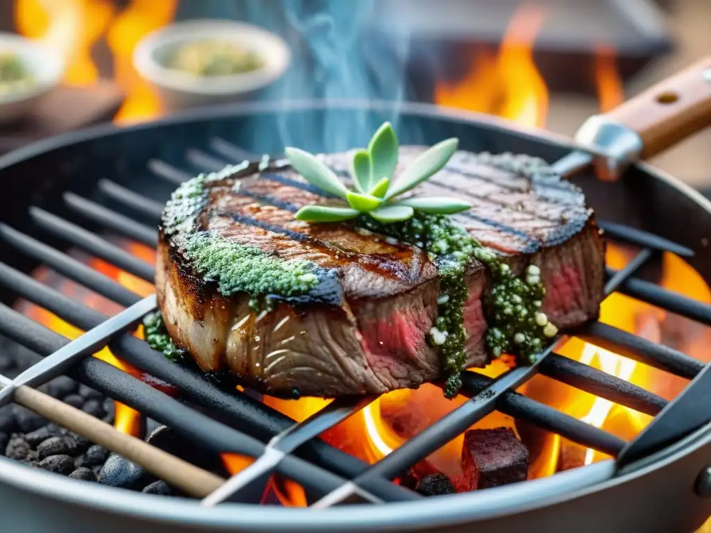 Deliciosa riñonada asado a la parrilla con hierbas frescas y chimichurri, en ambiente rústico