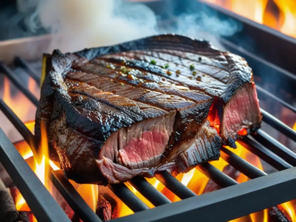 Deliciosa Riñonada asado uruguayo en parrilla, rodeada de brasas brillantes y ahumado tentador en ambiente campestre