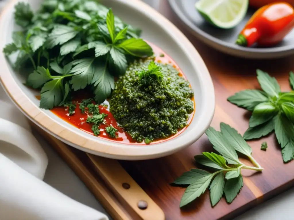 Deliciosa salsa chimichurri en una tabla de cortar de madera, auténtico condimento para Asado Uruguayo