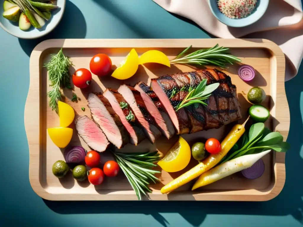 Una deliciosa y saludable selección de cortes de carne asado, con vegetales grillados y hierbas frescas en una tabla de madera rústica