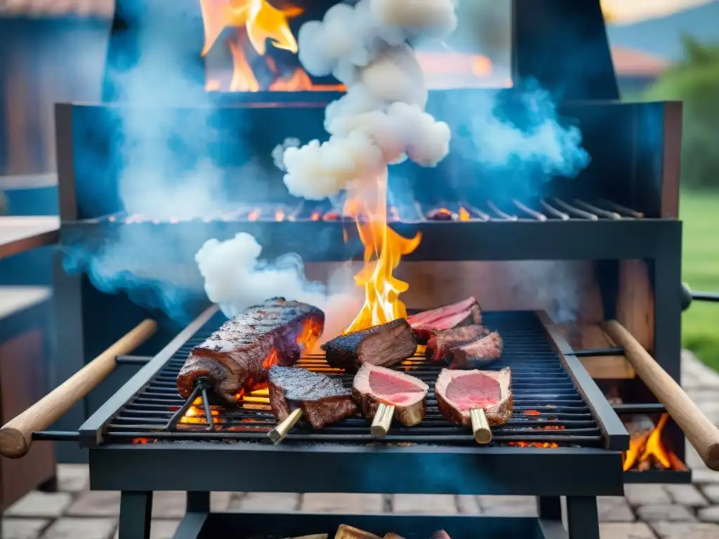 Deliciosa técnica de asado uruguayo cruz, carne asándose sobre fuego en parrilla al aire libre