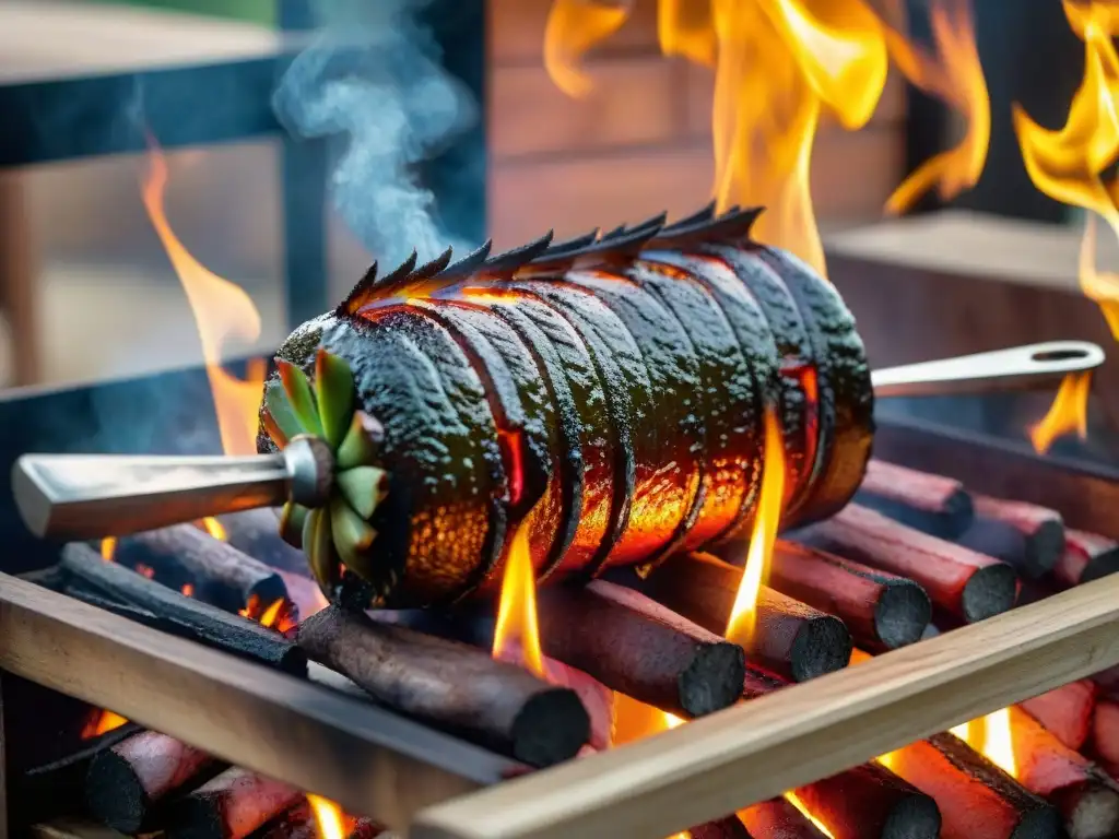 Delicioso asado uruguayo: carne jugosa y crujiente a la parrilla Una deliciosa técnica de carne al espiedo uruguaya, asándose lentamente sobre llamas abiertas