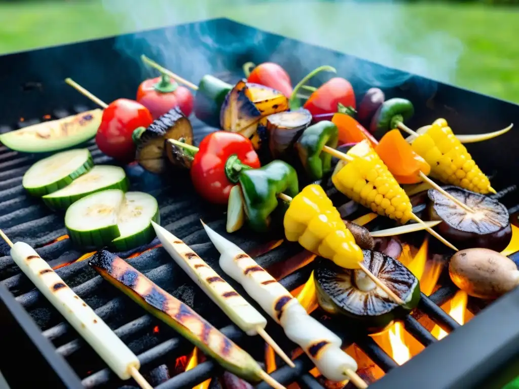 Deliciosa variedad de brochetas de verduras asadas en una parrilla, con opciones vegetarianas y veganas asado