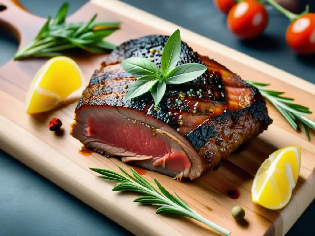 Una deliciosa variedad de carne marinada en una tabla de madera, con colores y texturas vibrantes