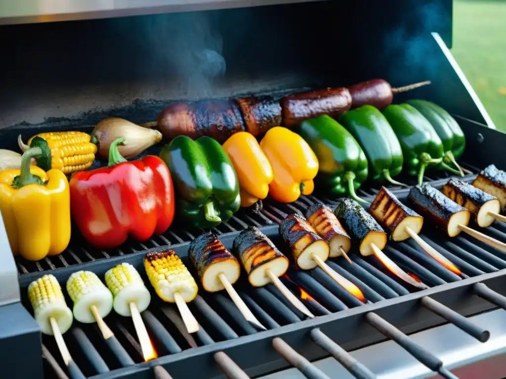 Una deliciosa variedad de opciones vegetarianas para asado uruguayo, con vegetales a la parrilla bajo el sol sudamericano