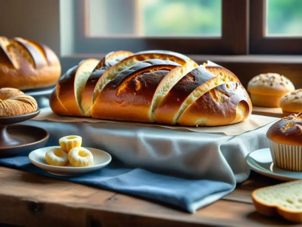 Deliciosa variedad de panes, tortas y pasteles recién horneados en una mesa rústica de madera