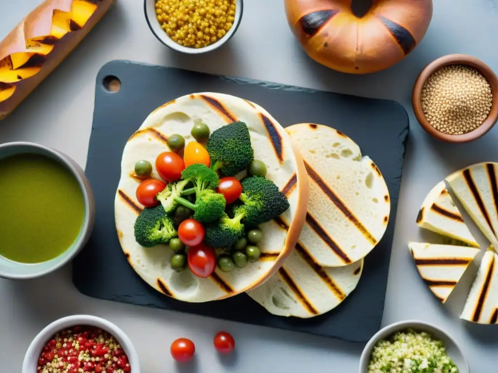 Deliciosa variedad de panes, tortillas y vegetales asados saludables en un festín vegetariano