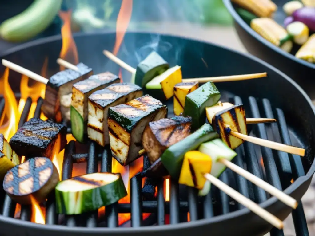 Deliciosa variedad de proteínas vegetales en parrilla, con colores vibrantes y humeantes