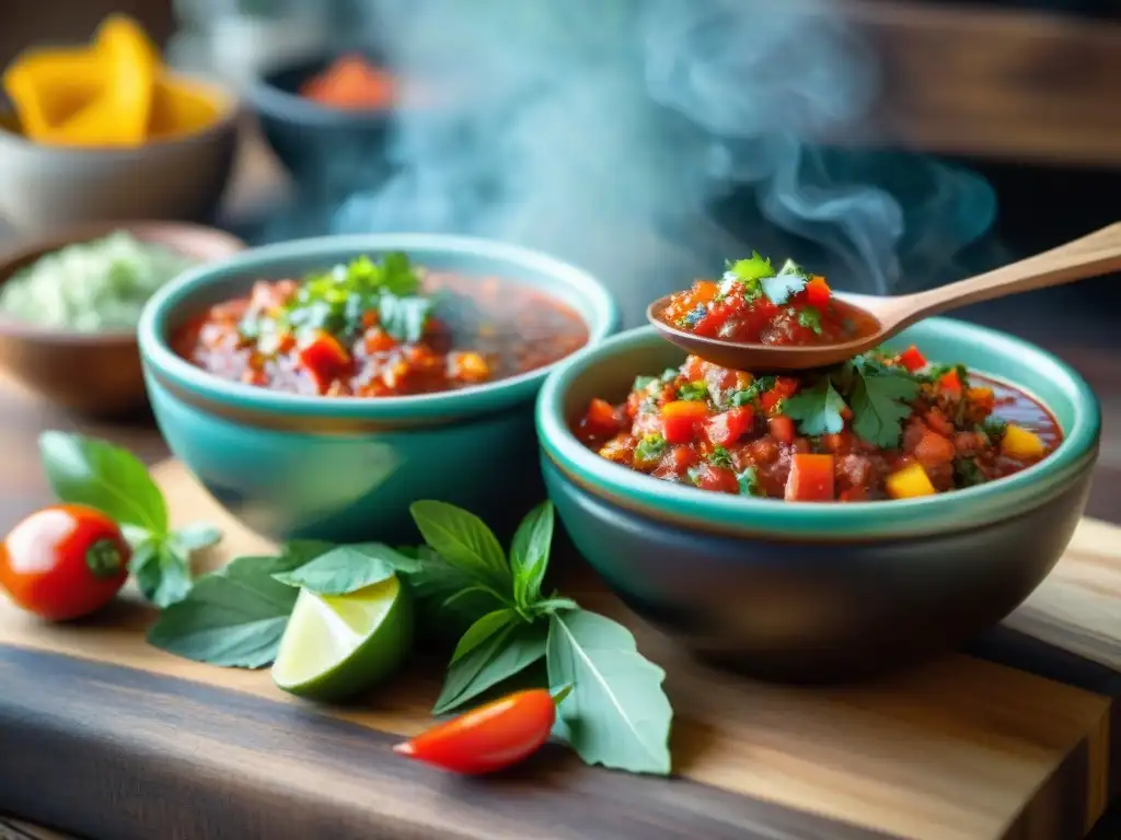 Una deliciosa variedad de salsas y aderezos para asado en coloridos cuencos caseros sobre una mesa rústica