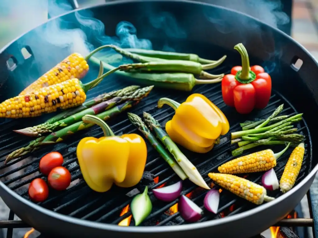 Una deliciosa variedad de vegetales de estación para asado asándose en la parrilla, listos para disfrutar