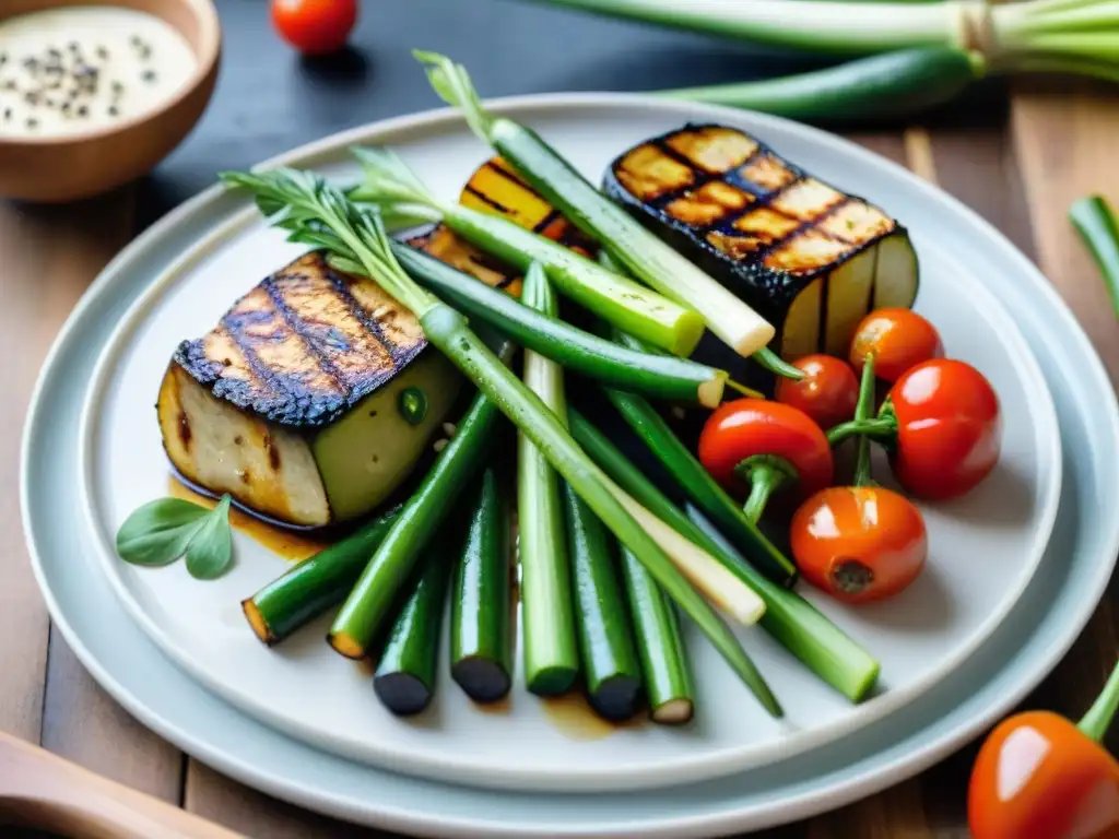 Una deliciosa variedad de vegetales asados con tofu, presentados con maestría en una tabla de madera