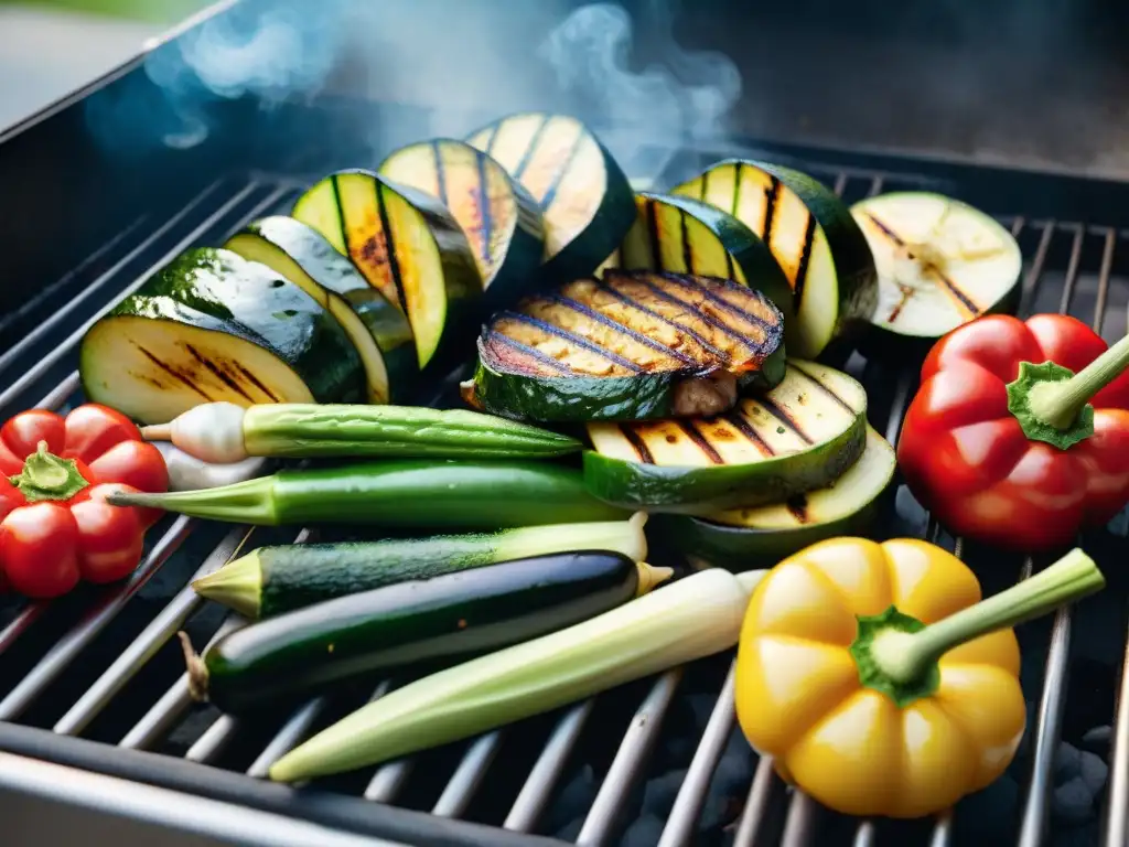 Una deliciosa variedad de vegetales grillados para limpieza, chisporroteando en la parrilla caliente al aire libre