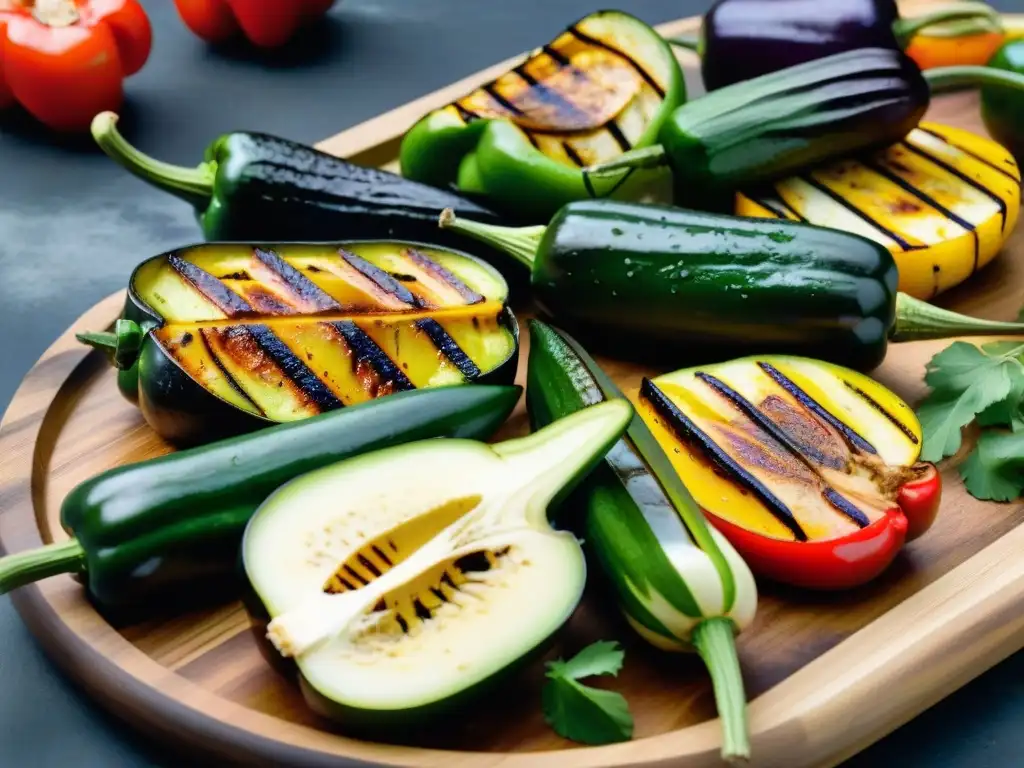 Una deliciosa variedad de vegetales a la parrilla, con colores vibrantes y marcas de grill, perfectos para opciones vegetarianas en parrilladas