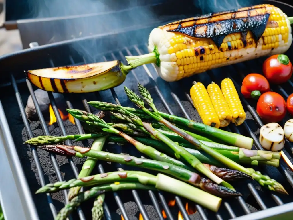 Una deliciosa variedad de verduras asadas en parrilla, resaltando colores vibrantes y detalles ultra realistas