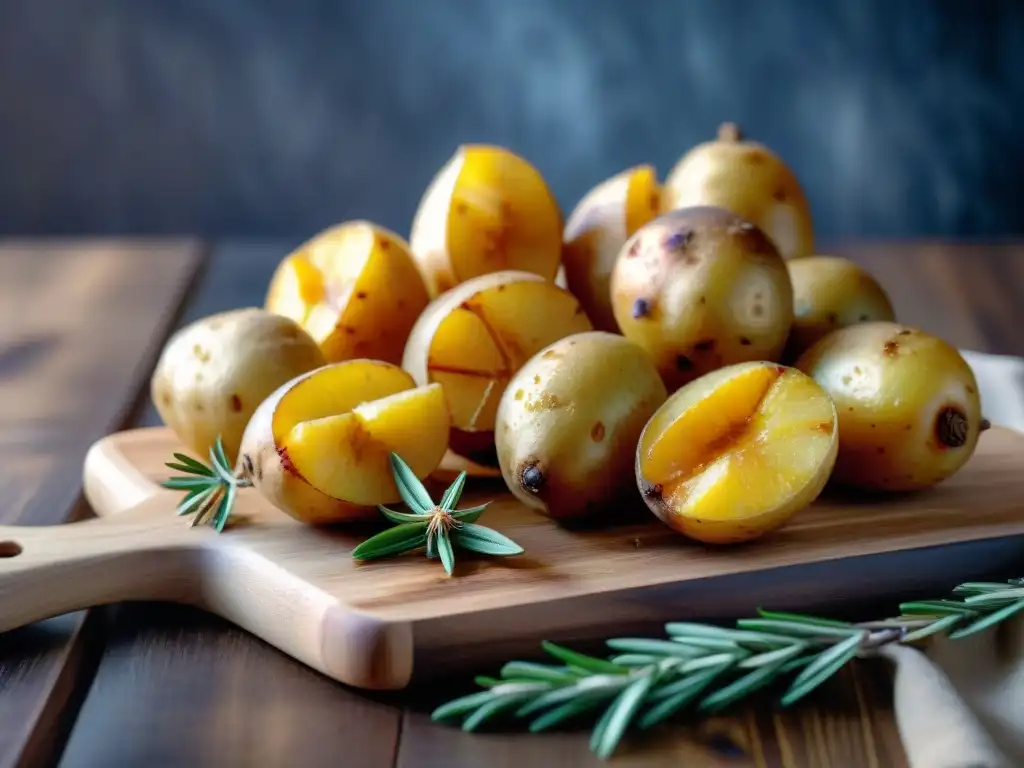 Deliciosas batatas caramelizadas asadas con sal marina y romero fresco en tabla rústica