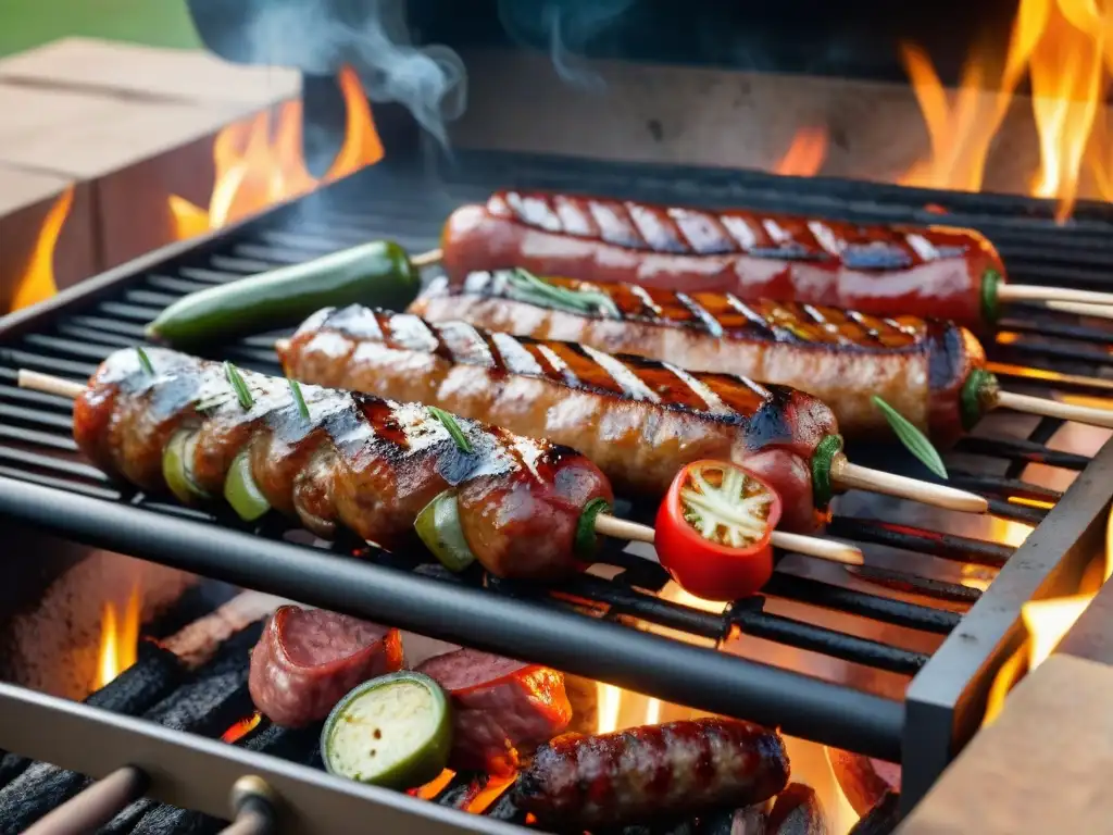 Deliciosas bombones de chorizo asándose en la parrilla, listos para un asado uruguayo con las mejores técnicas