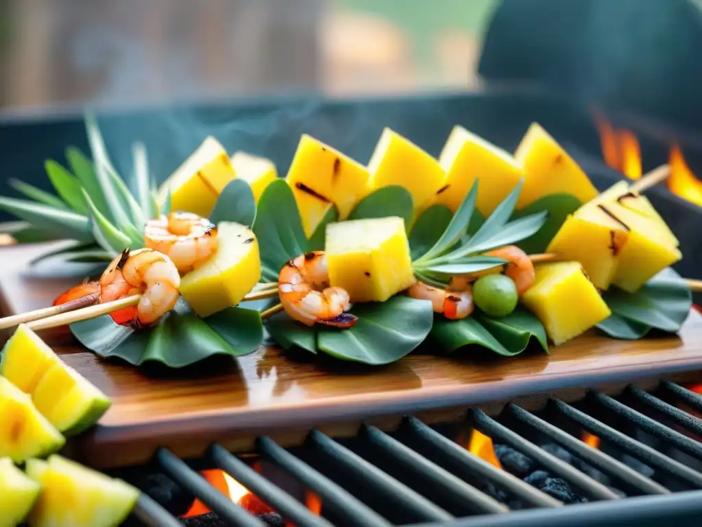 Deliciosas brochetas de camarones y piña en la parrilla, con marinado de mango y cilantro, en un ambiente de barbacoa con amigos y familia