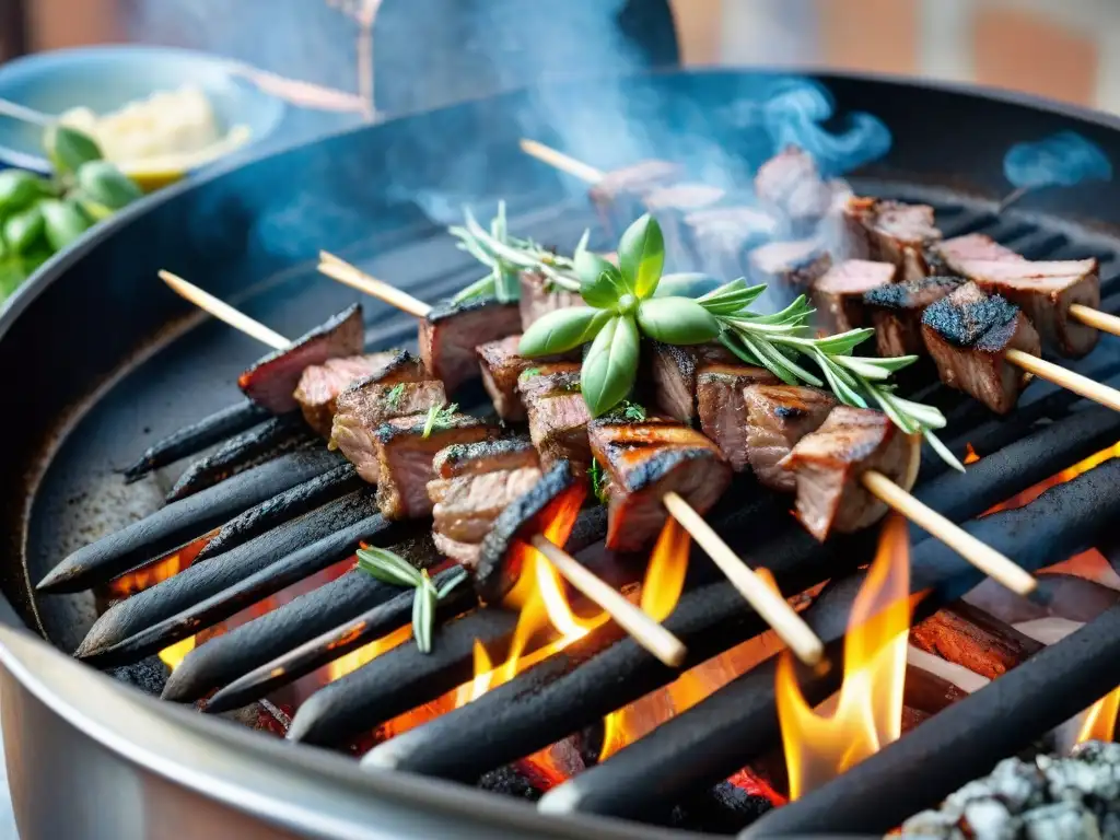 Deliciosas brochetas de cordero asado en una parrilla, con hierbas frescas, humo y llamas