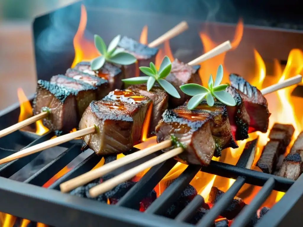 Deliciosas brochetas de cordero asado en la parrilla, bañadas en glaseado de miel y hierbas aromáticas