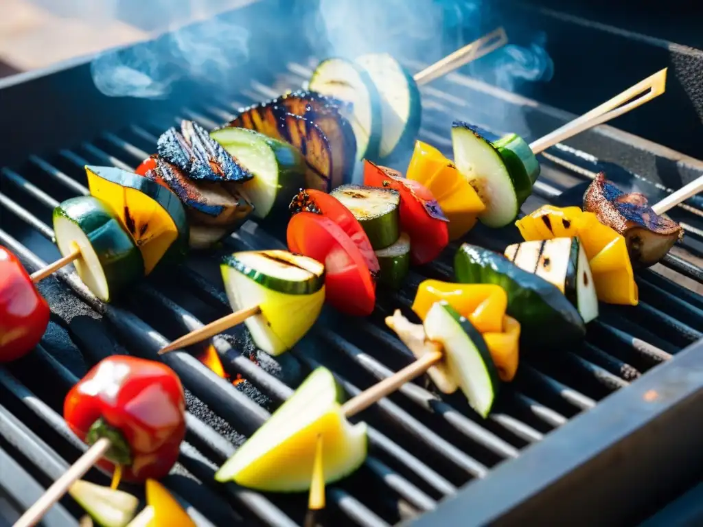 Deliciosas brochetas veganas en la parrilla con vegetales coloridos y jugosos