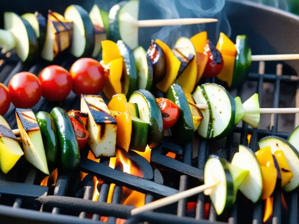 Deliciosas brochetas veganas a la parrilla en un atardecer veraniego