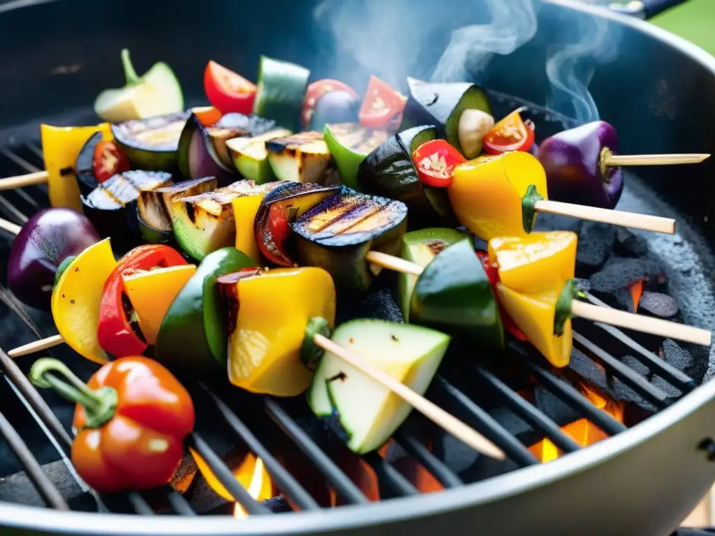 Deliciosas brochetas veganas asándose en la parrilla, con pimientos, tomates, champiñones, piña y berenjena