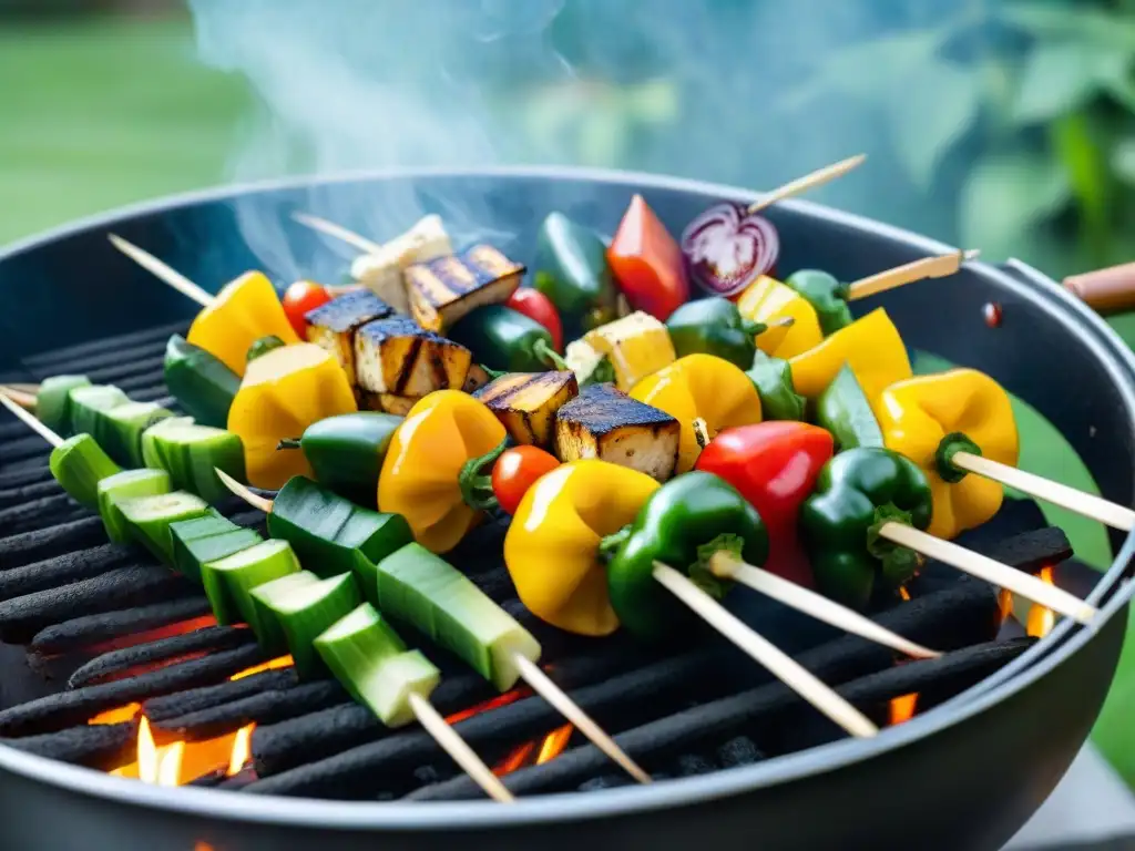 Deliciosas brochetas vegetarianas en una parrilla humeante en un jardín