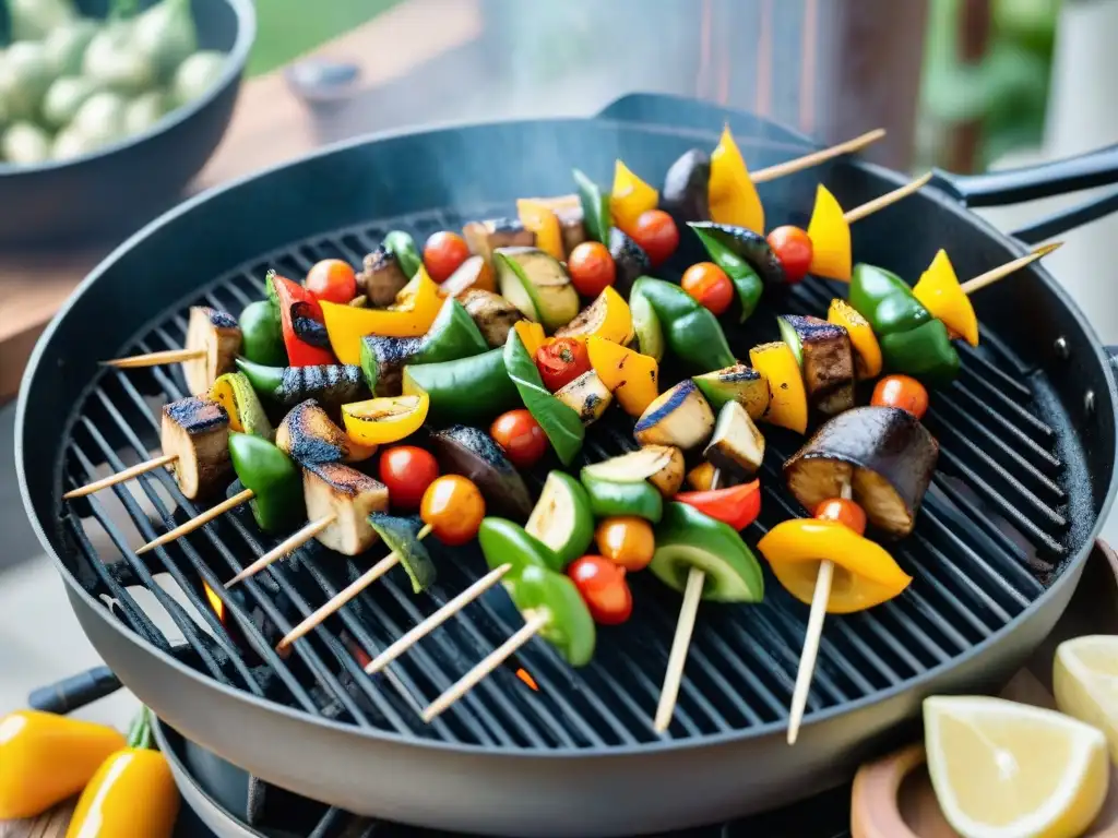 Deliciosas brochetas de verduras asadas en parrilla, en un asado vegano recetas técnicas alternativas