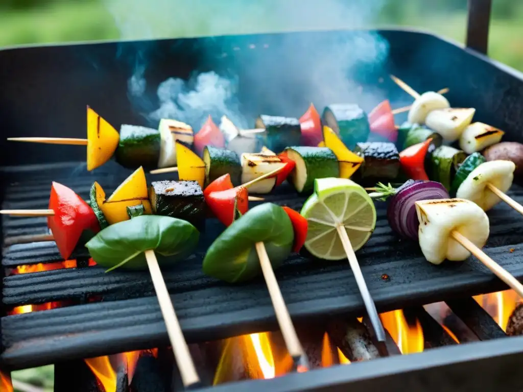 Deliciosas brochetas de verduras asadas en parrilla uruguaya, evocando recetas asado vegano Uruguay