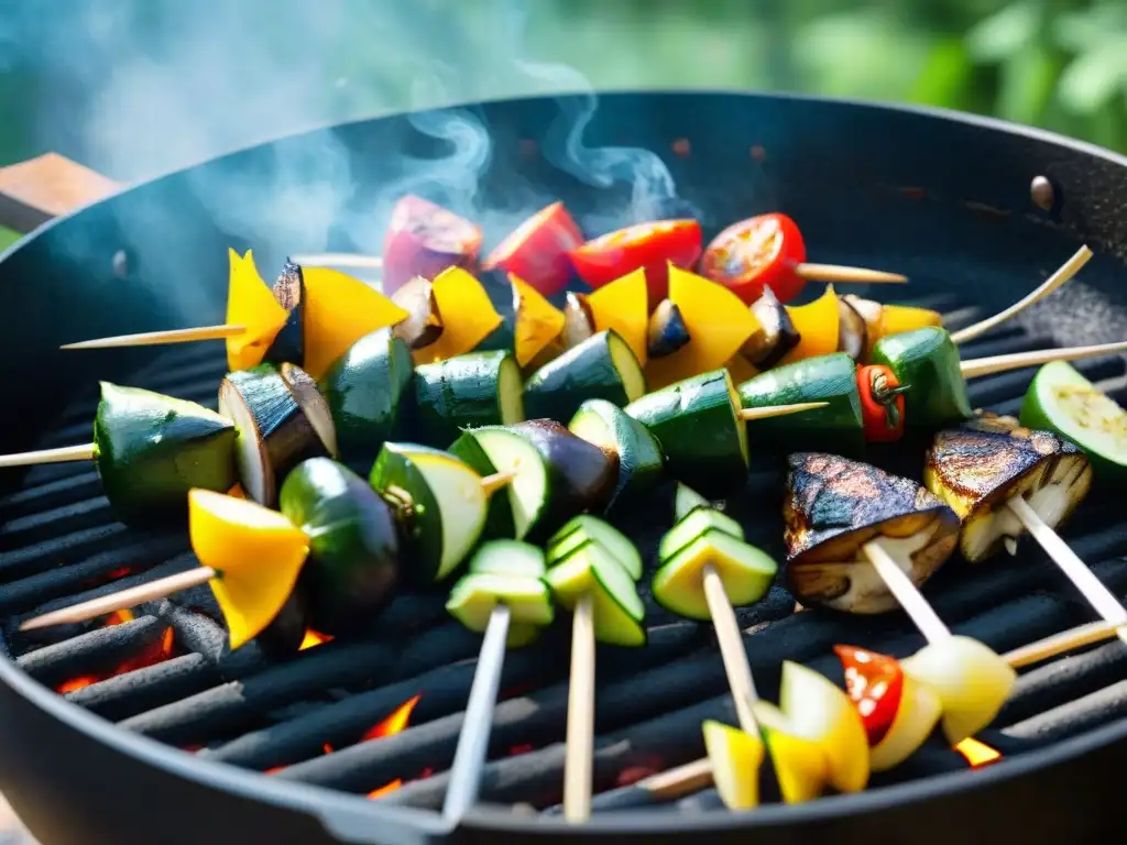 Deliciosas brochetas de verduras asadas en parrilla, listas para saborear en una parrillada vegana bajo el sol