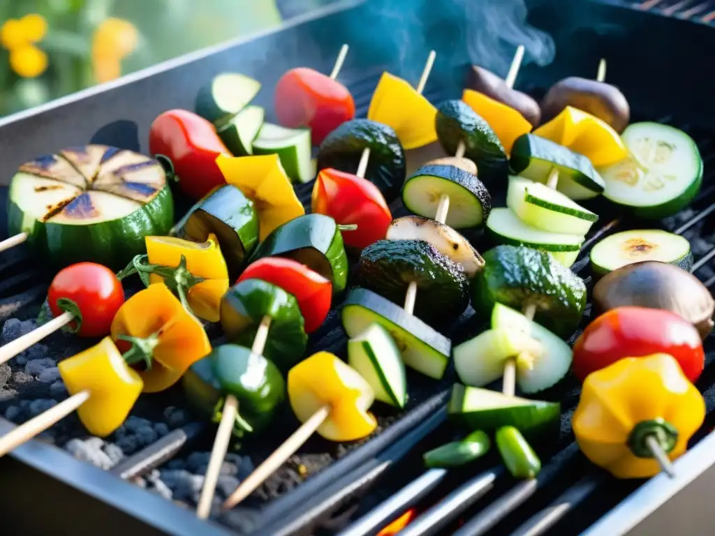 Deliciosas brochetas de verduras a la parrilla en un jardín de verano