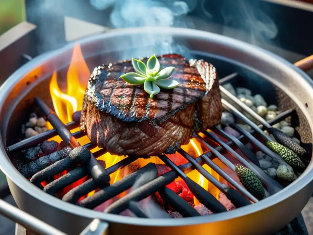 Deliciosas carnes y vegetales asándose en una parrilla de piedra caliente, evocando sabores exquisitos