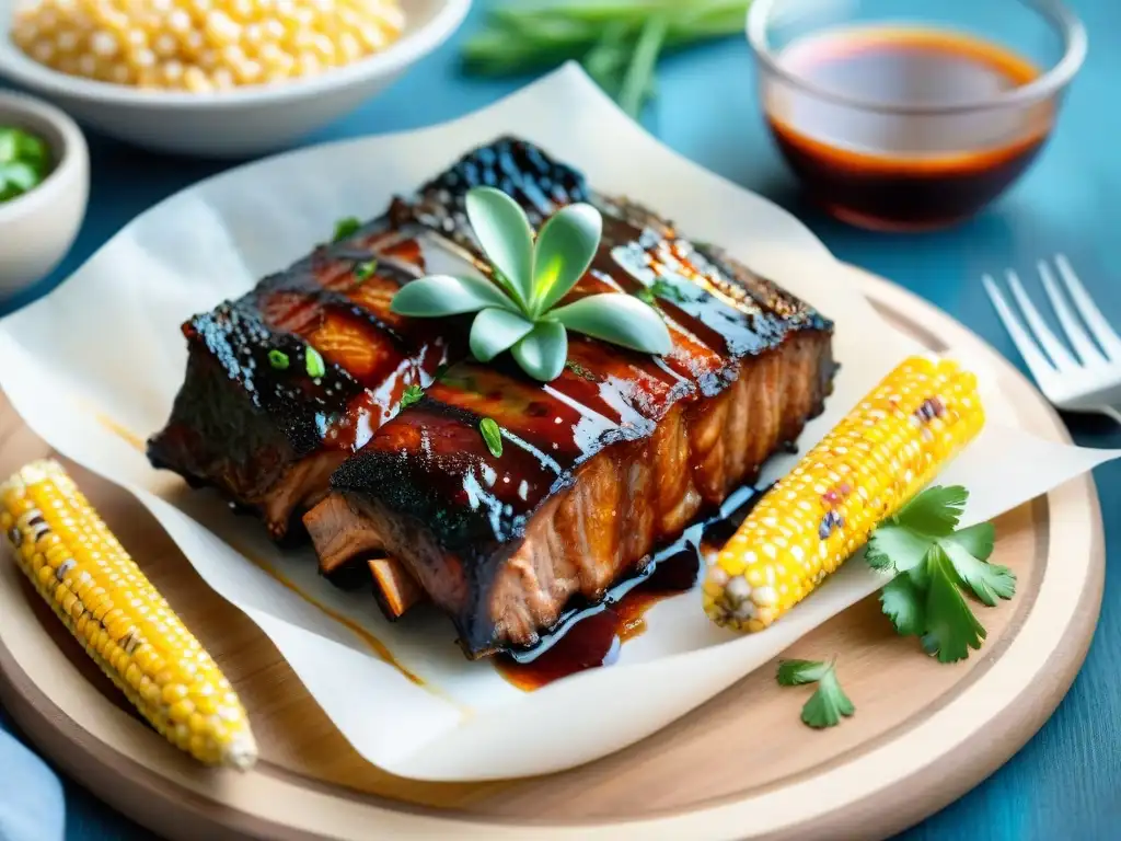 Deliciosas costillas BBQ estilo uruguayo en un entorno de barbacoa veraniega bajo el cielo azul