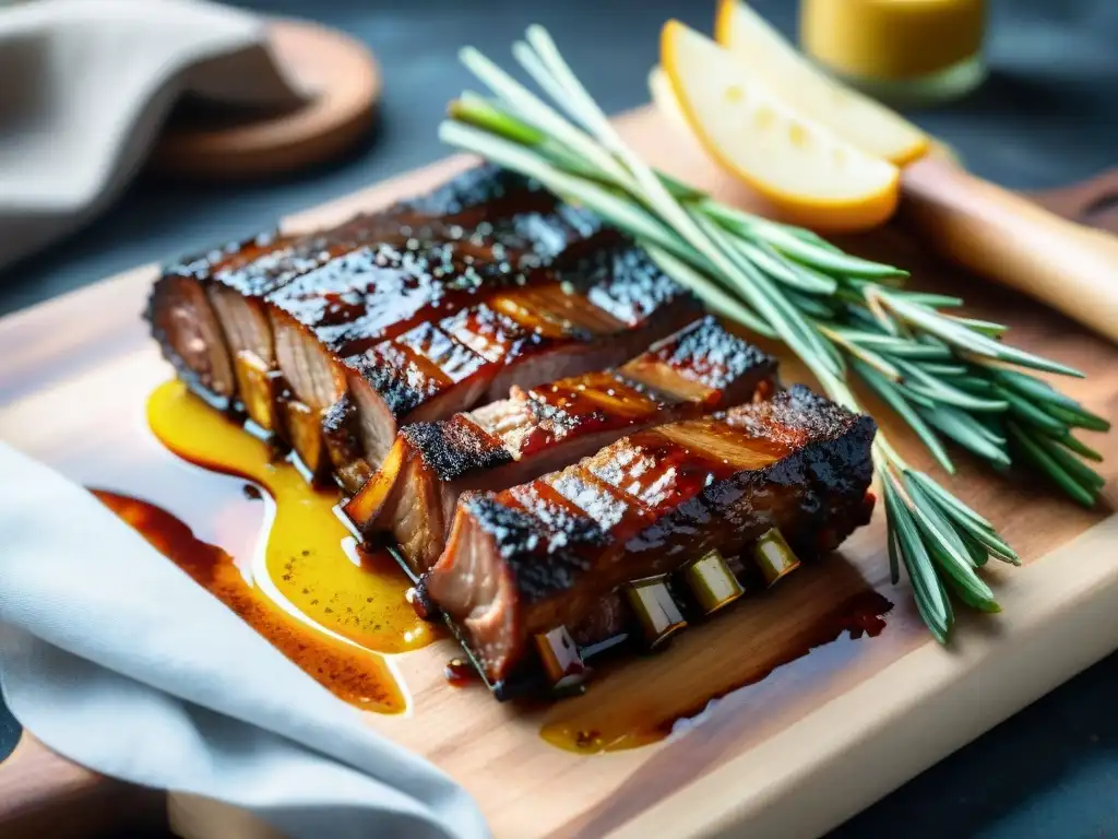 Deliciosas costillas de cerdo asadas con miel, brillantes y jugosas, rodeadas de hierbas y verduras coloridas en tabla de madera rústica