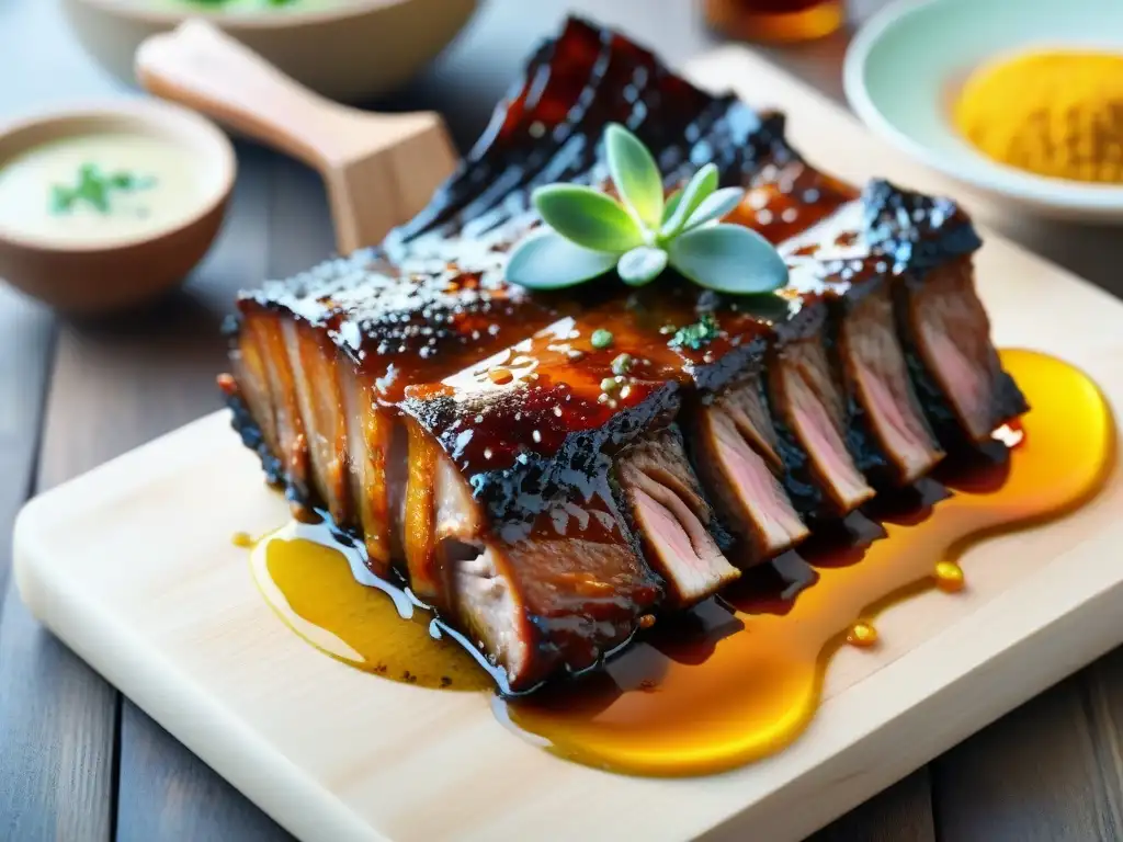 Deliciosas costillas de cerdo asadas con miel, glaseadas y brillantes bajo la luz dorada