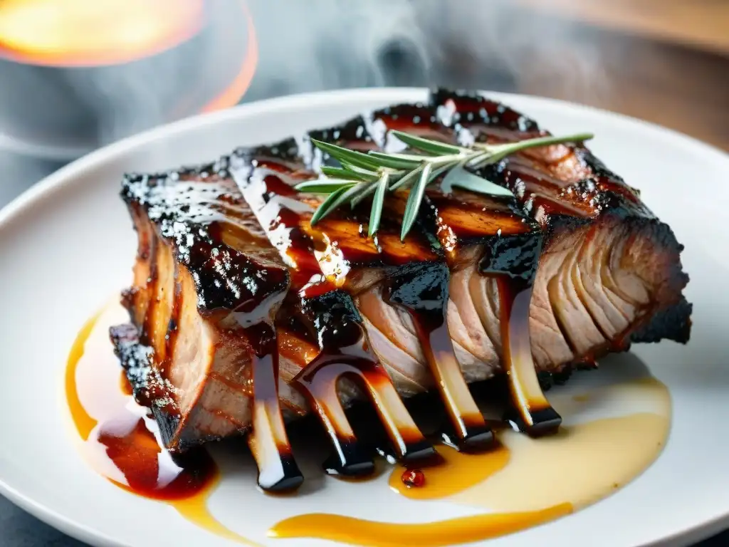 Deliciosas costillas de cerdo asadas con miel y mostaza, bañadas en un brilloso glaseado bajo el sol, rodeadas de romero fresco y miel