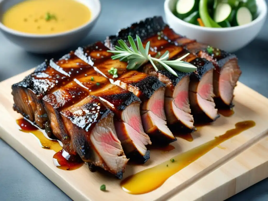 Deliciosas costillas de cerdo asado con miel, glaseadas y jugosas, sobre tabla de madera rústica