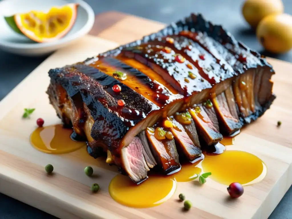 Deliciosas costillas de cerdo glaseadas con maracuyá en una presentación artística y apetitosa