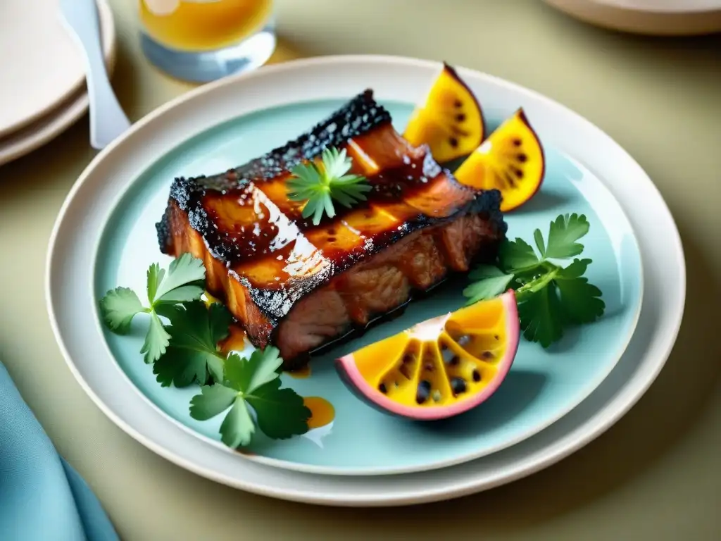 Deliciosas costillas de cerdo glaseadas con maracuyá, con un aspecto irresistible y exótico