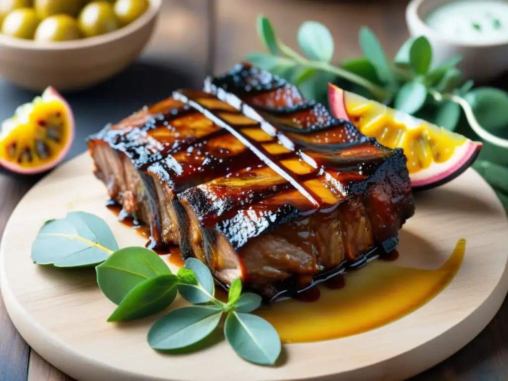 Deliciosas costillas de cerdo glaseadas con maracuyá, presentadas de forma apetitosa en una tabla de madera rústica