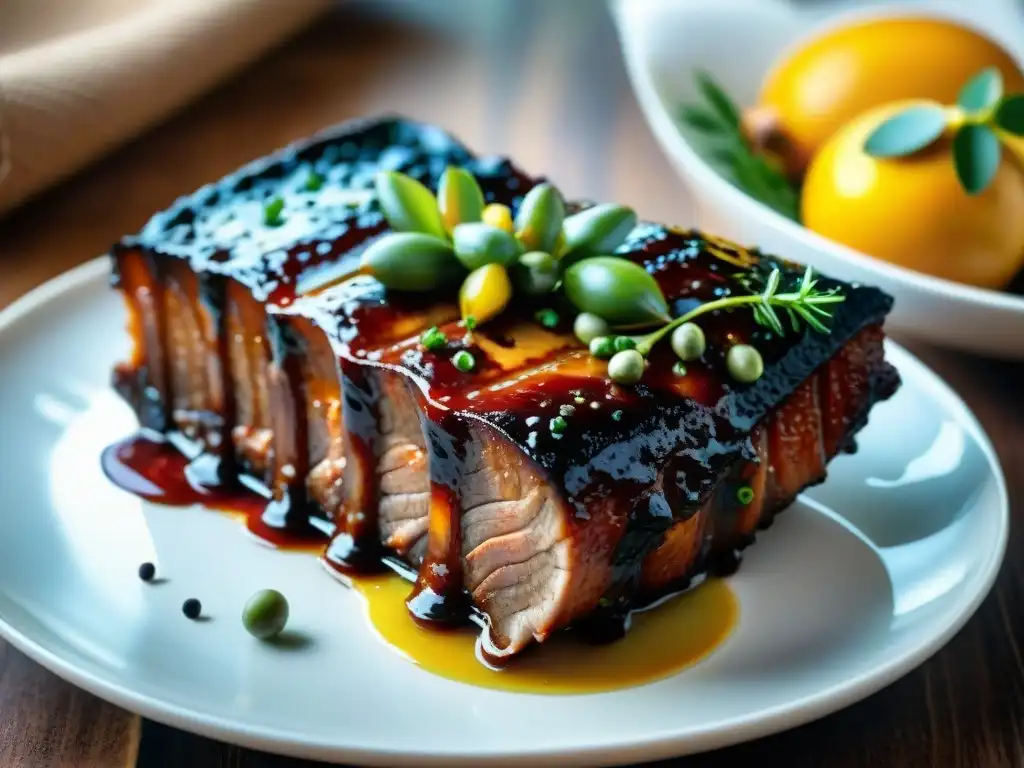 Deliciosas costillas de cerdo glaseadas con maracuyá, caramelizadas y decoradas con semillas frescas y hierbas verdes