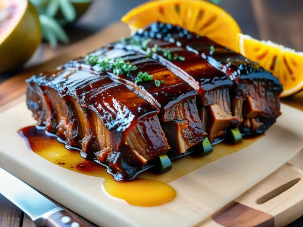 Deliciosas costillas de cerdo glaseadas con maracuyá en tabla rústica