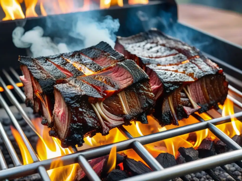 Deliciosas costillas de res asadas, mostrando la diferencia entre los cortes de Asado de Tira largo y corto en una parrilla ardiente al aire libre